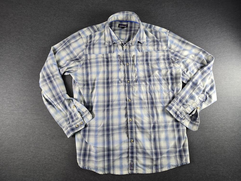 Patagonia Shirt Mens XL Blue Plaid Long Sleeve Button Up Zip Chest Pockets Camp
